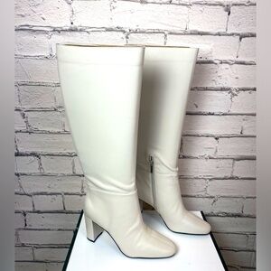 Karl Lagerfeld Ivory Knee-High Block Heel Boots